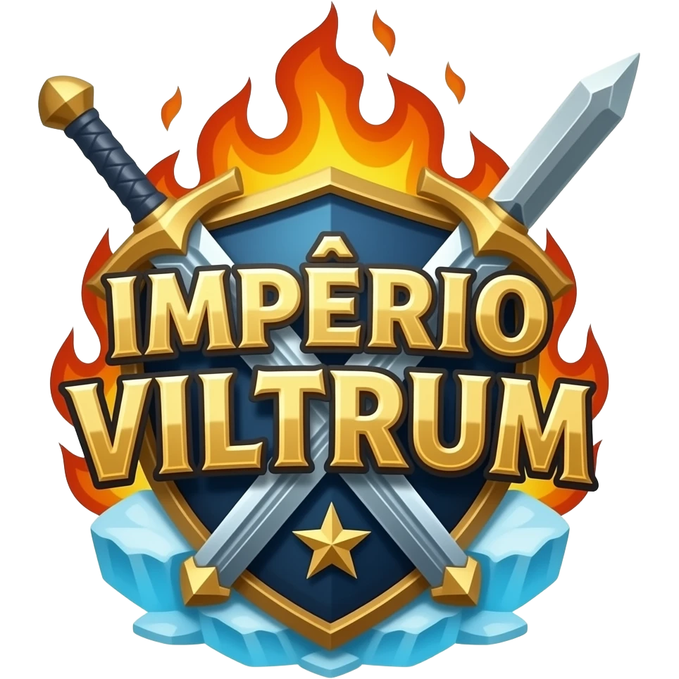 logo para guilda de rpg escrito IMPÉRIO VILTRUM com espadas de magia, ao redor da logo com fogo e gelo emoji