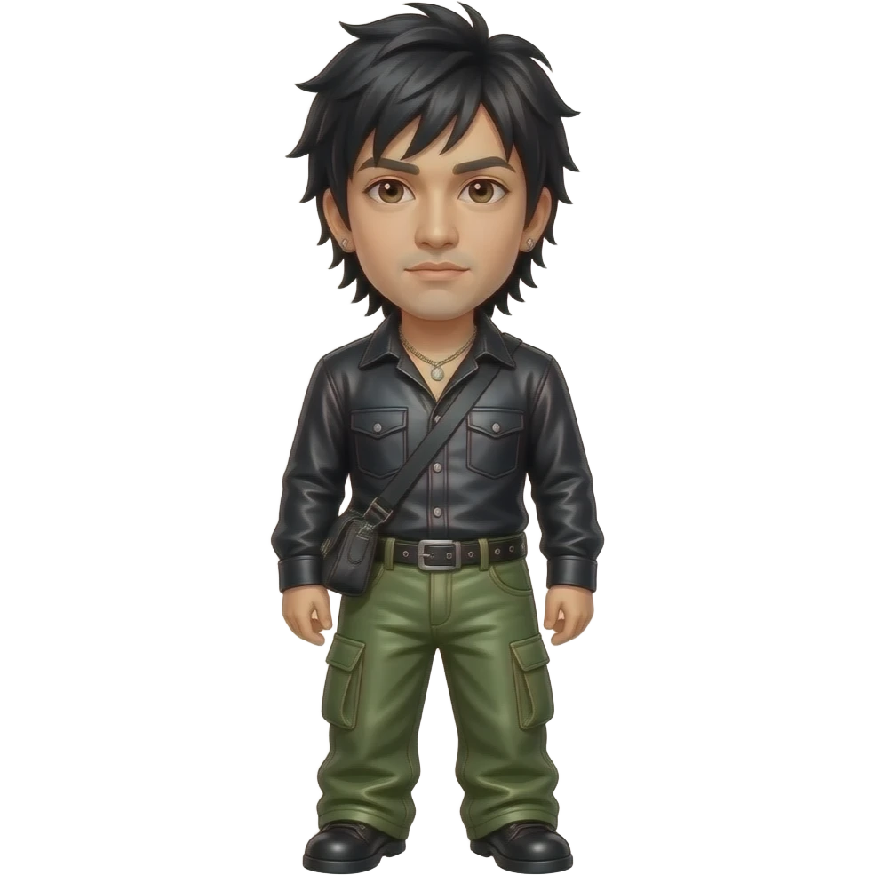 Mike Shinoda with dark brown eyes, black hair, black metallic rock shirt, olive green metallic rock baggy pants, necklace and earrings emoji