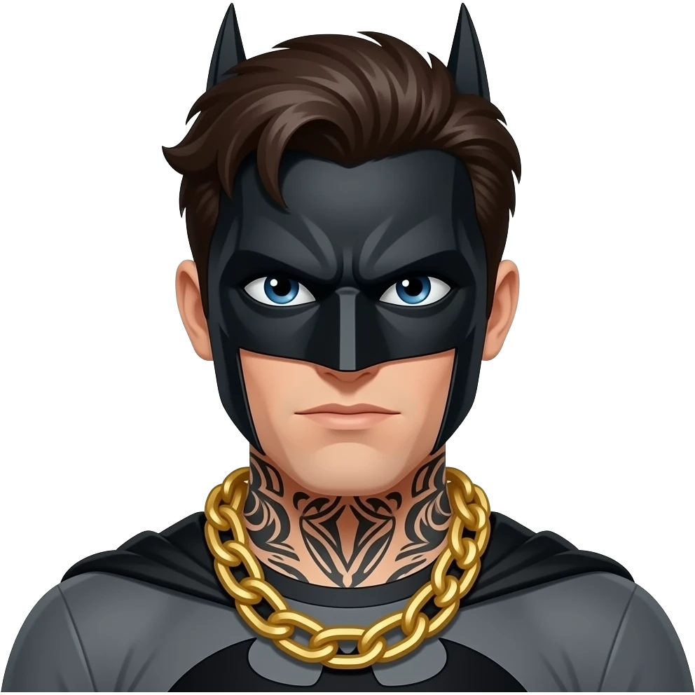 Dark brown hair face tattoos no neck tattoos dressed in a Batman mask with a big gold chain around the neck. emoji