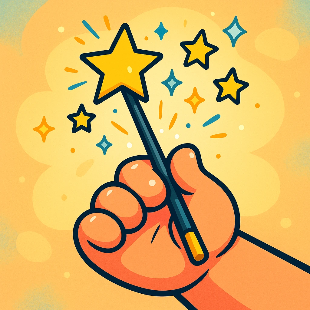 cartoon-style plump expressive hand holding a simple elegant magic wand, stars and sparkles coming out of the tip, bright magical stars, bold outlines, soft background, glossy highlights, magical cheerful look emoji