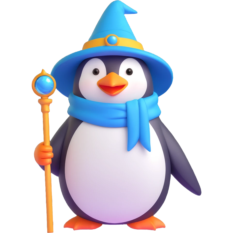 A penguin wizard wearing a wizard hat and holding a magic staff emoji