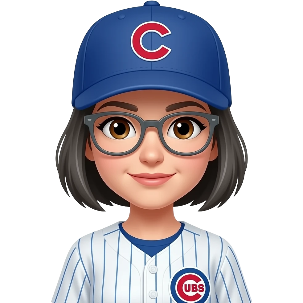 Female, brown eyes, dark and light gray gray short hair, gray glasses, cubs cap and uniform emoji
