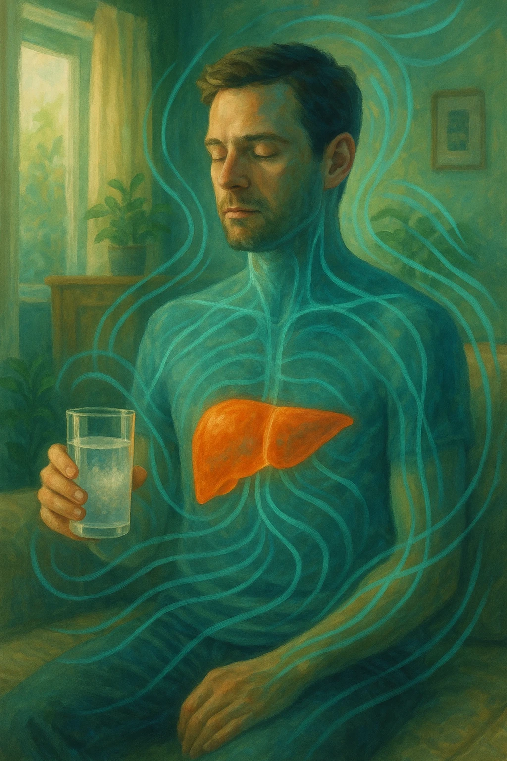 A man in a calm domestic environment, sitting with a transparent bottle or glass in hand containing an Epsom salt solution. He has a focused and aware expression. His body is partially transparent, with the liver highlighted brightly as if in a cleansing phase. Around the body, fluid energetic lines symbolize detoxification. The atmosphere is relaxed and natural, with warm light and green and blue tones representing health and purification. emoji