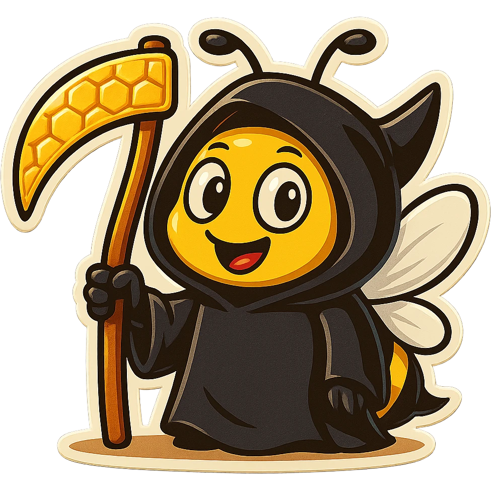 Make the scythe look like it's made of honeycomb for this friendly cartoon bee grim reaper in retro stickers style. emoji