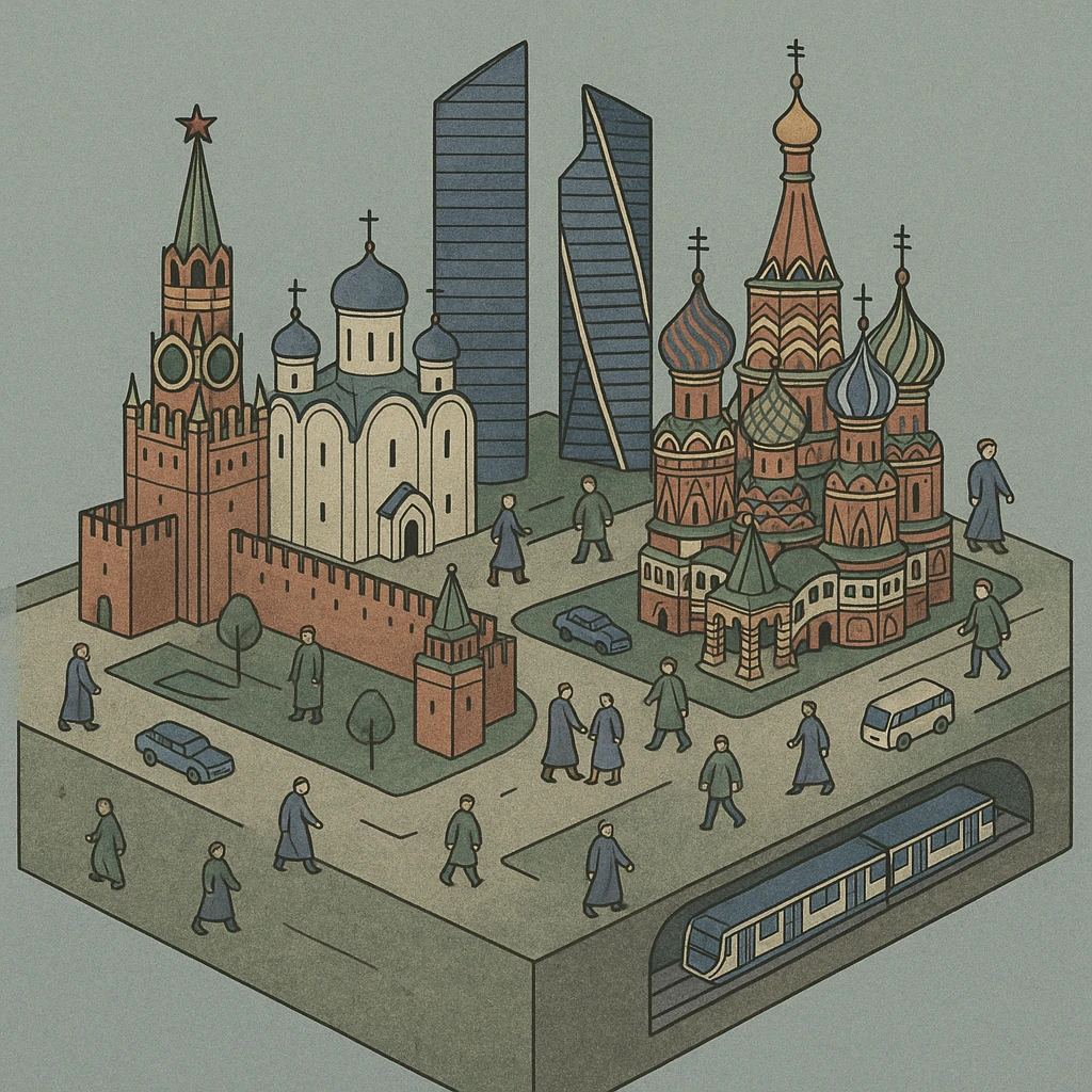 Изометричная миниатюрная 3D модель Москвы на подставке - фотореалистичный Кремль, собор Василия Блаженного, Башни Москва-Сити, аккуратная детализация, яркие цвета, мультяшный реализм, гуляют люди и современный автотранспорт и метро, компактная композиция, вид сверху в изометрии emoji