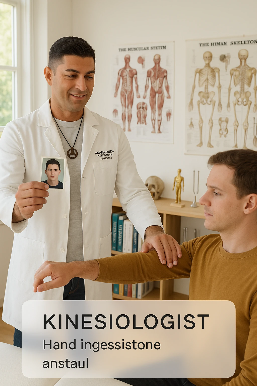 a middle-aged man, dressed in casual professional attire, is in a bright, organized therapy studio. Durante una visita di kinesiologia, il ragazzo tiene con una mano la foto di una persona lontana (il “testimone”) tiene la foto in mano, mentre con l’altra mano esegue un test muscolare su un cliente presente senza foto. Sullo sfondo si vedono libri di kinesiologia, poster anatomici e strumenti tipici della disciplina. L’atmosfera è concentrata e serena, con luce naturale che entra dalla finestra, sottolineando l’aspetto alternativo e umano della pratica. emoji