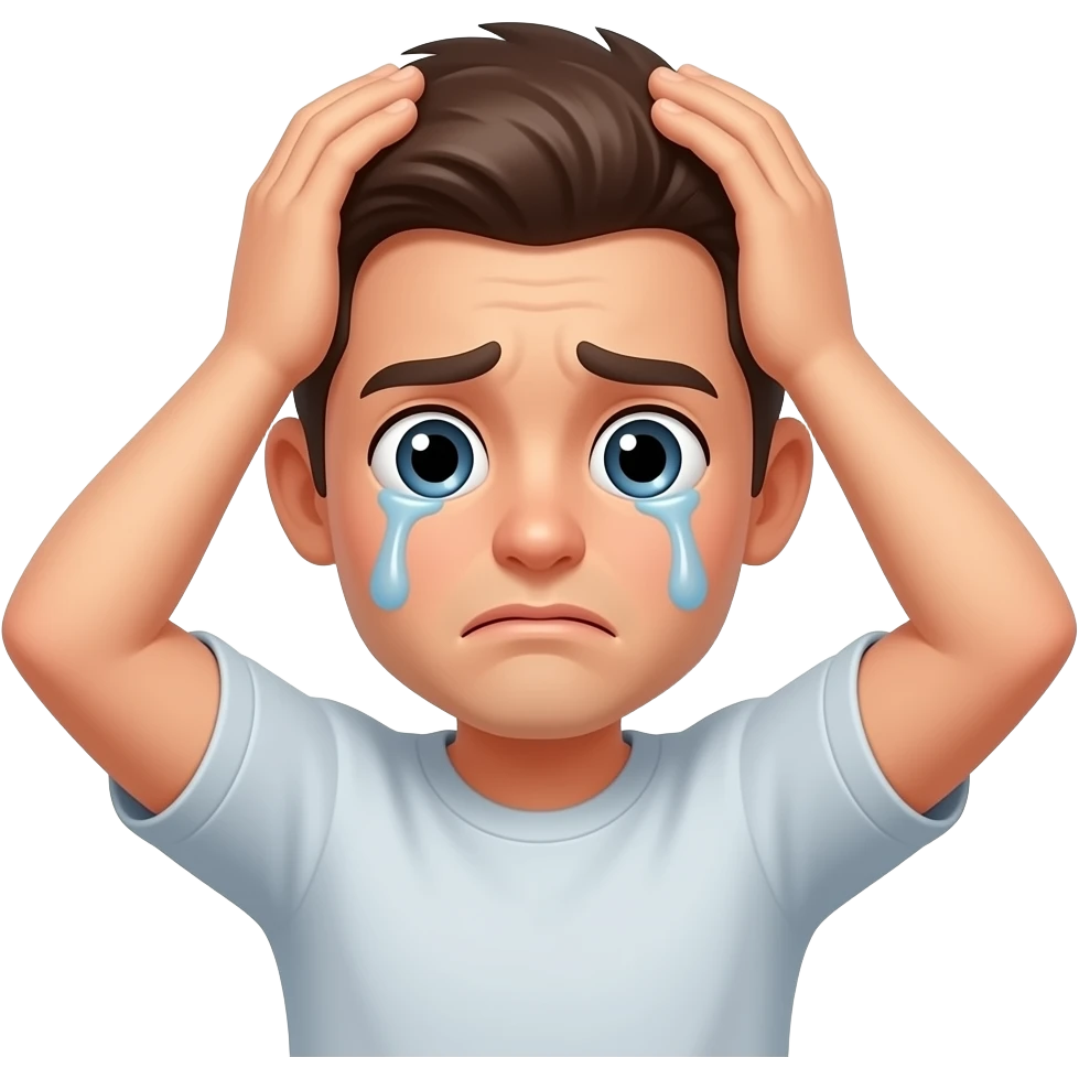 A drawing type emoji but it's in stress and thinking and almost crying or blushing and eyes are big and its hand are in his head emoji