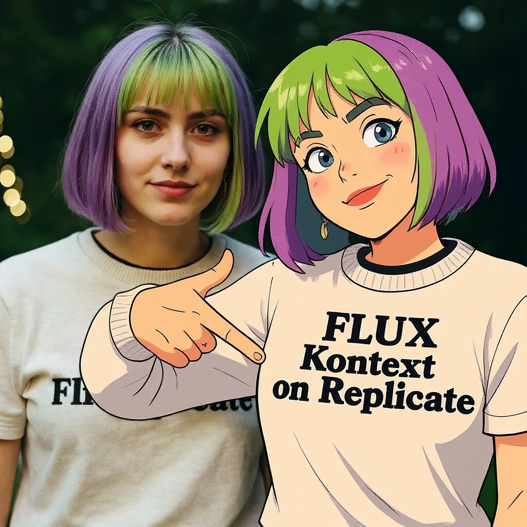 make a image of a girl with a anime version of that girl beside her wearing tshirt with text of FLUX Kontext emoji