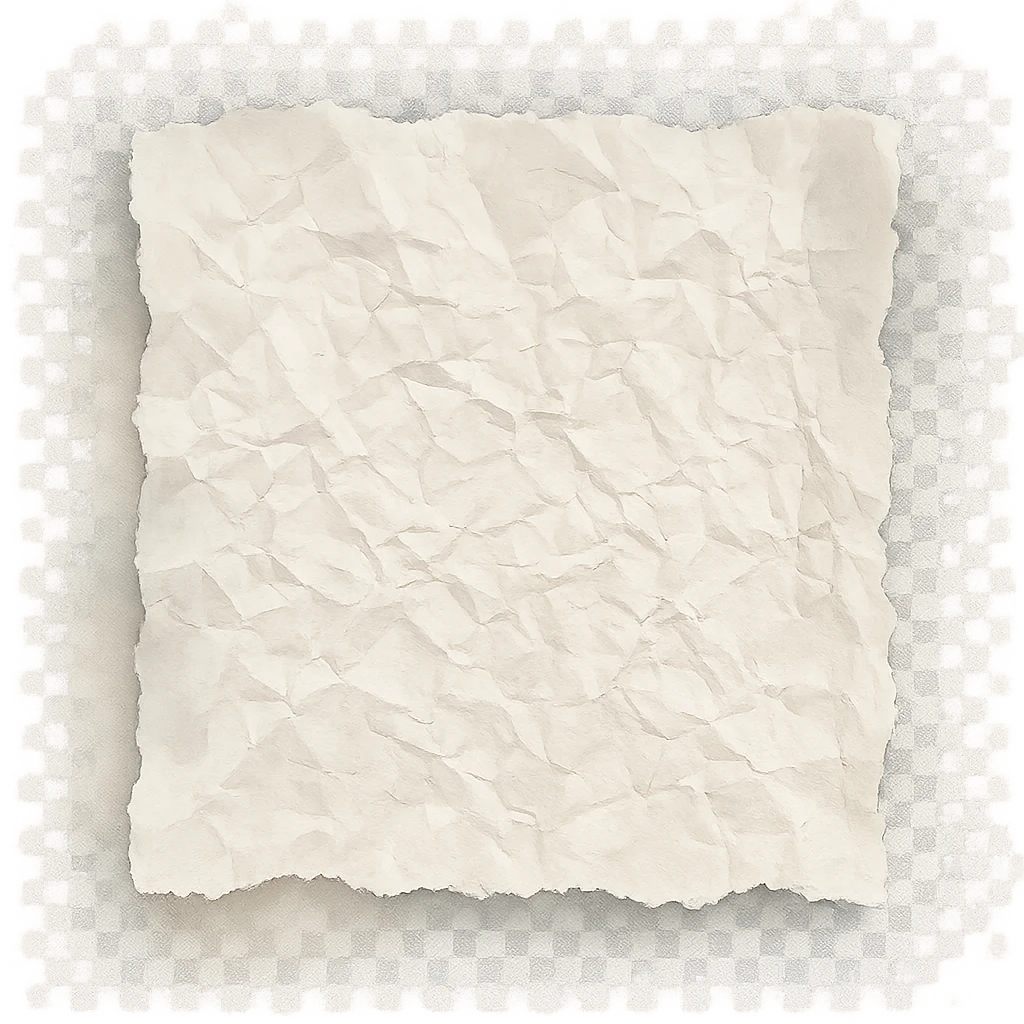 crumpled paper with irregular torn edge and faded watercolor shadows, transparent background, no face, no hands, no legs, no characters emoji