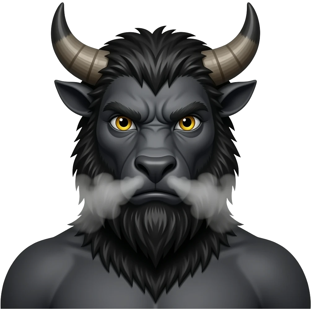 Dark fierce realistic lifelike looking Minotaur head and shoulders with yellow eyes and steam out of nose. Fantasy emoji