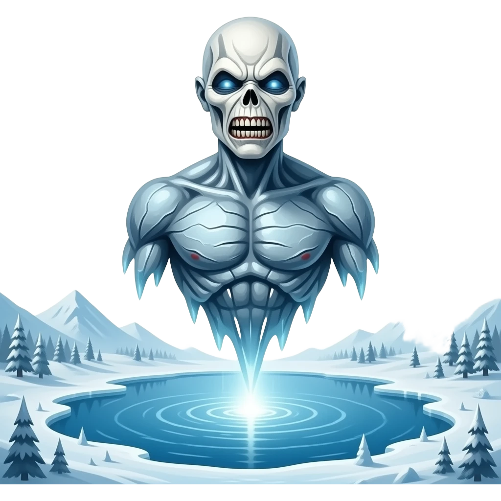 iron maiden eddie mascot - deformed ethereal upper body hovers over frozen landscape - a Gustave Doré piece, depicting traitors frozen in a lake of ice in the ninth circle of Dante's Inferno emoji
