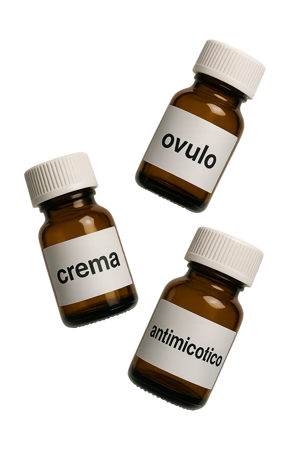boccette di farmaci fluttuano in aria con le scritte: crema, ovulo o antimicotico in italiano sulle etichette, IPERREALISTICO 4K emoji