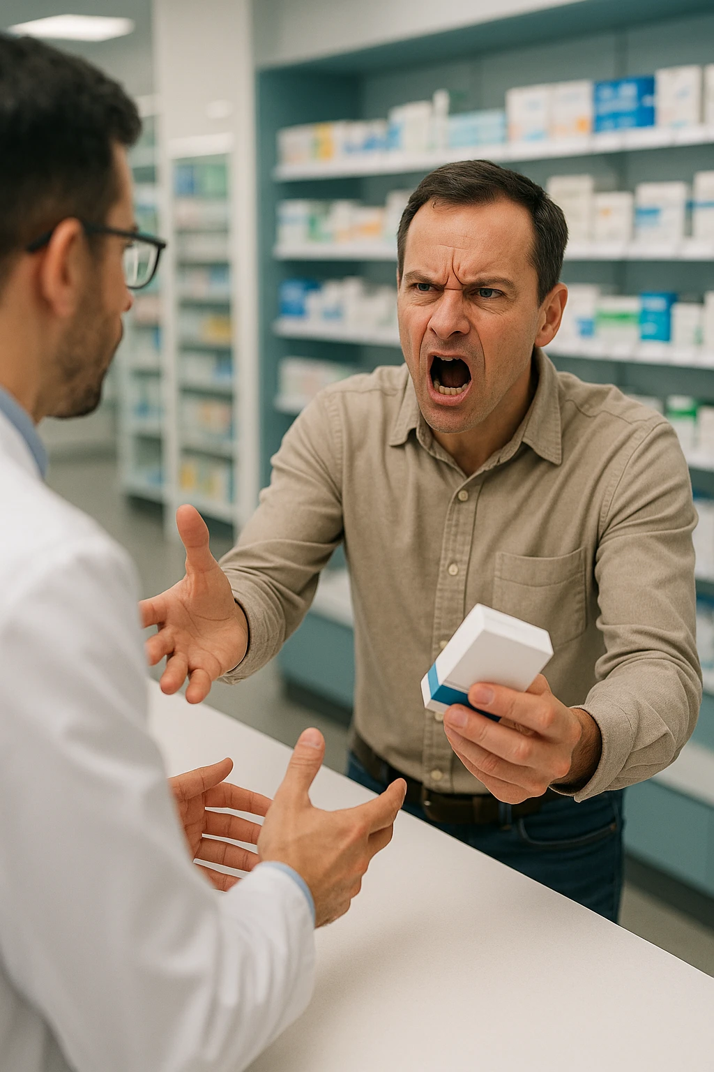 Cinematic Frustrated man at pharmacy counter demanding immediate pain relief medication, expression of impatience wanting instant symptom elimination, ignoring pharmacist's questions about underlying causes, grabbing prescription bottle eagerly, symptom suppression taking priority over healing, modern medicine aisle promising quick fixes for complex health problems" in italiano emoji