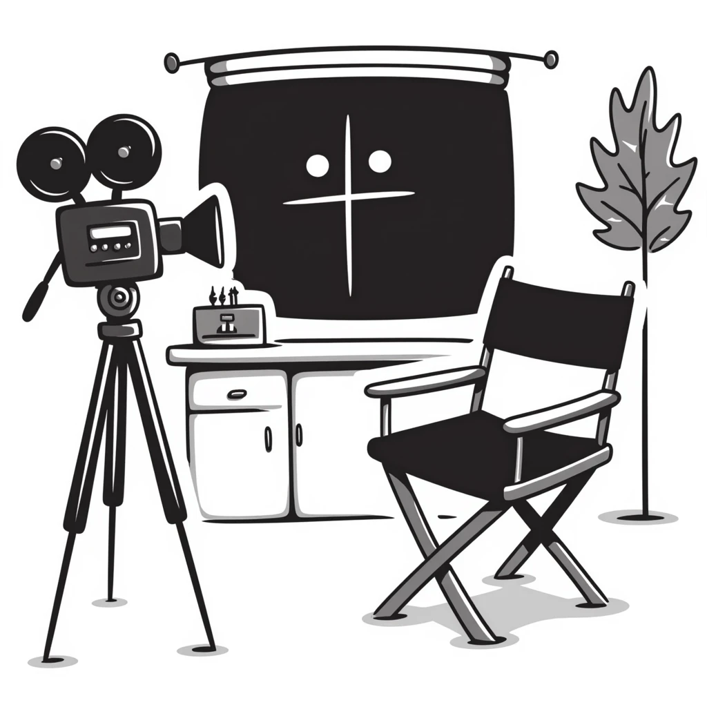 movie set with hand-drawn doodle style, director's chair and camera emoji