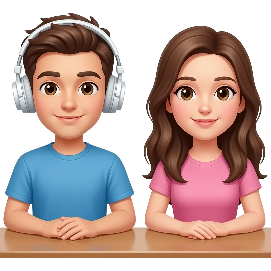Tinédszer arcú legyen egy asztalnál úljön fehér fejhallgató legyen rajta és egy asztalnál ülljönróusaszín pólóba lány legyen barna szemmel és barna hajjal hosszú és hangszóró ne legyen a fejhallgatón és hangszóró se legyen sehol és rózsaszín polóba legysn emoji