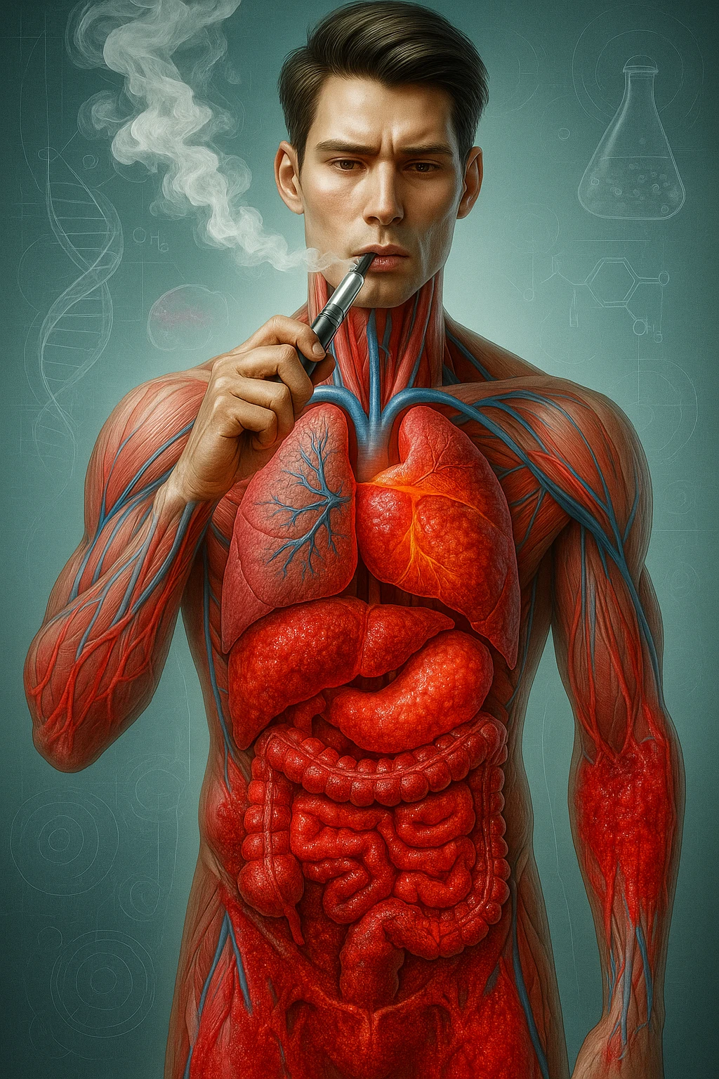 A medical illustration of a realistic human body with inflamed liver and intestine in evidence, while smoking an electronic cigarette, hyperrealistic, identical style to the reference image, vertical 9:16 format. emoji