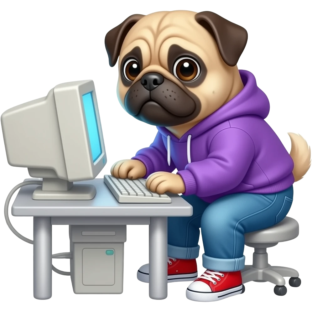 Pug wearing a purple hoodie with blue jeans and red shoes on a computer emoji