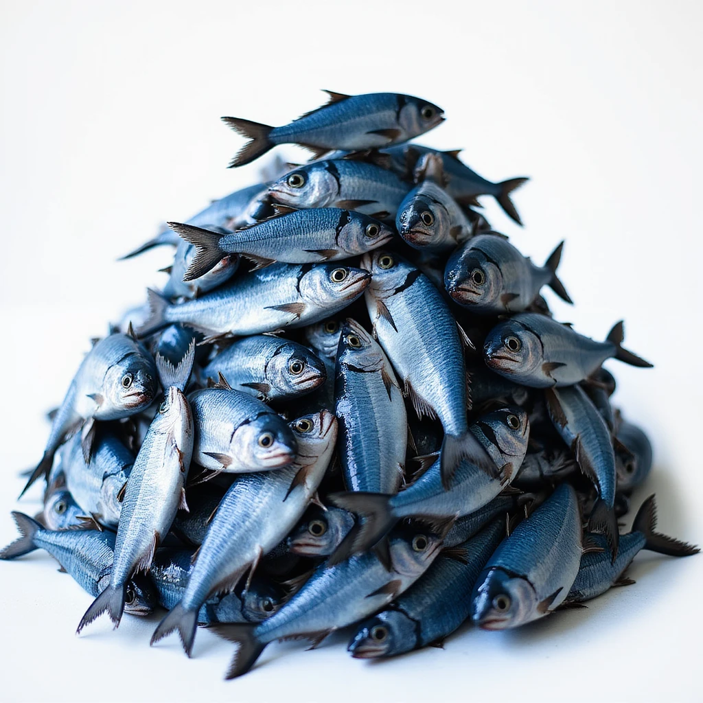 large, realistic pile of blue fish, loosely pyramid-shaped, not a perfect triangle, photorealistic style emoji