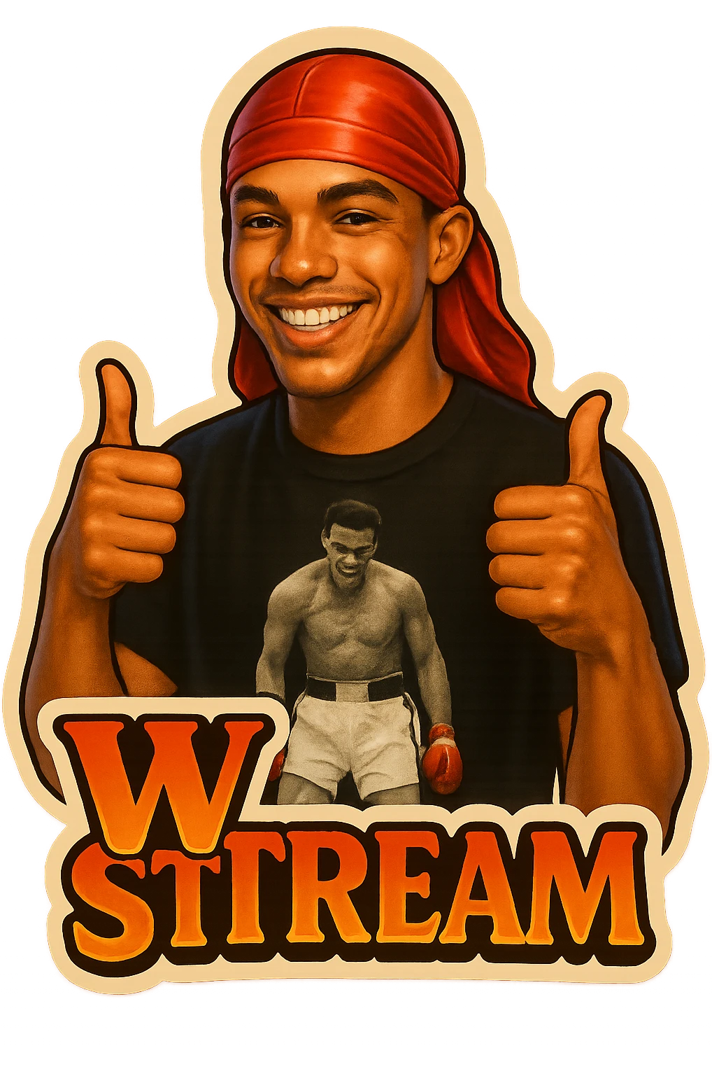 Make him Smiling With 2 thumbs up
Change His durag To Red
Add the words W Stream emoji