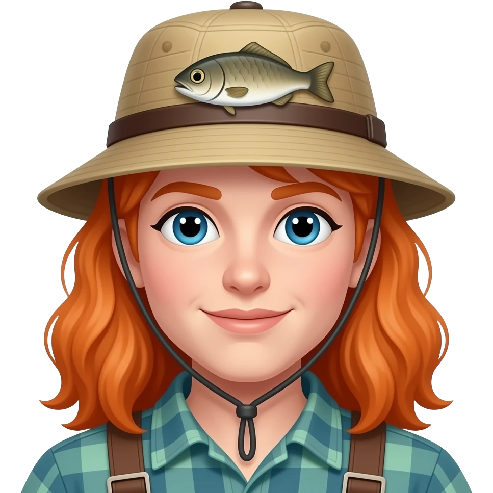 red haired fisher with fisher hat emoji