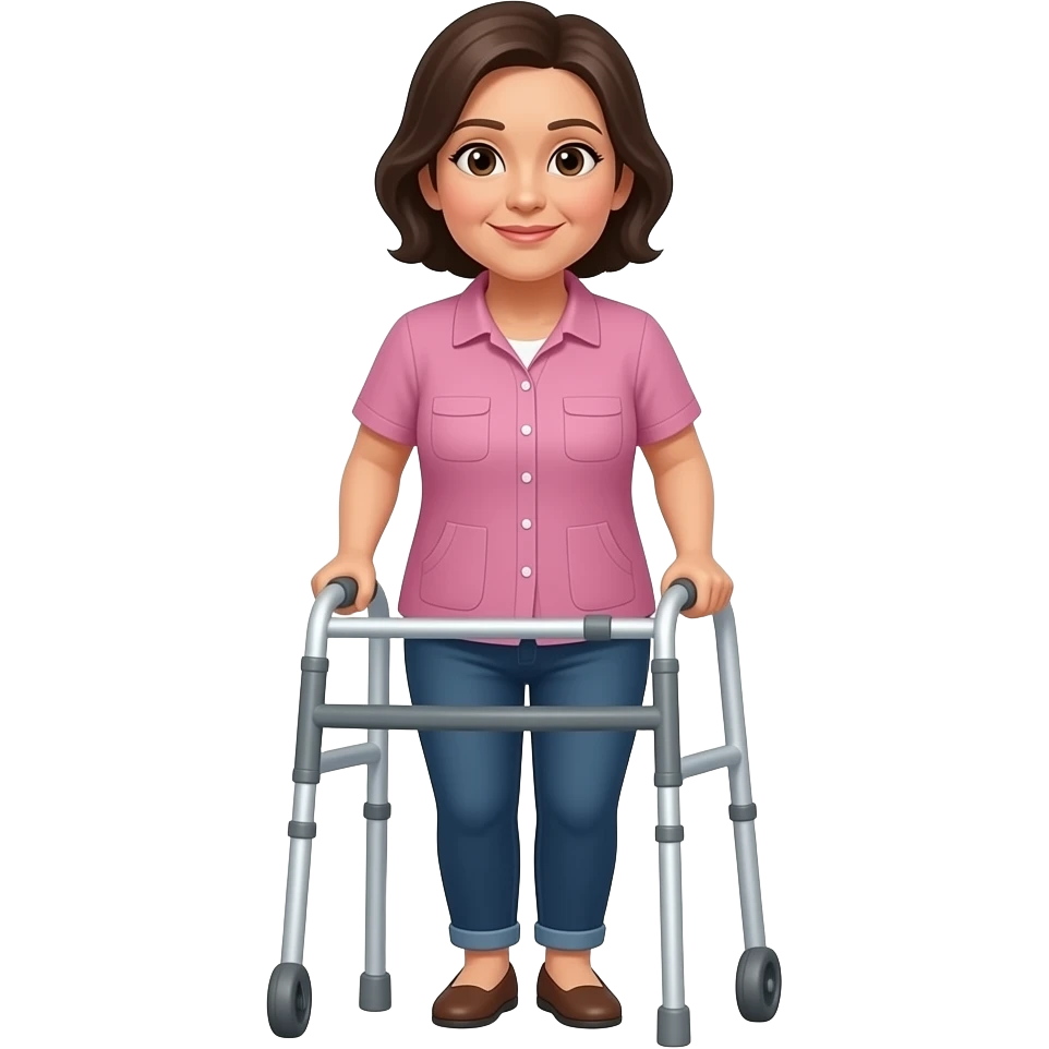 Middle aged, dark haired woman using walker emoji