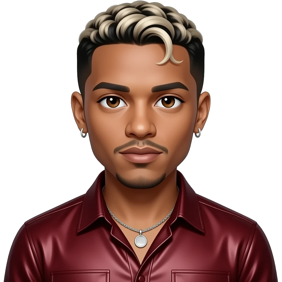 Chris Brown with dark brown eyes, black hair with platinum blonde dyed, dark red metallic shirt, silver necklace and short earrings emoji