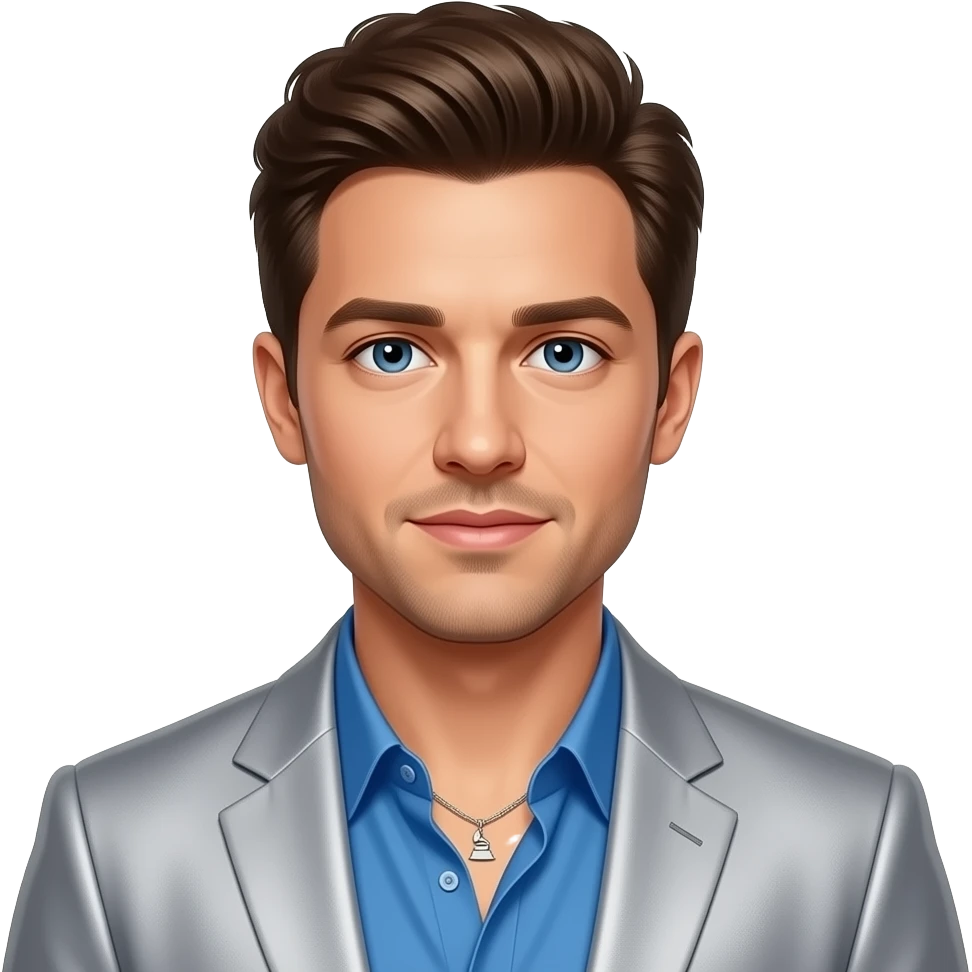 JC Chasez from NSYNC with blue eyes, brown hair, grammy blue shirt and silver suit jacket, necklace emoji