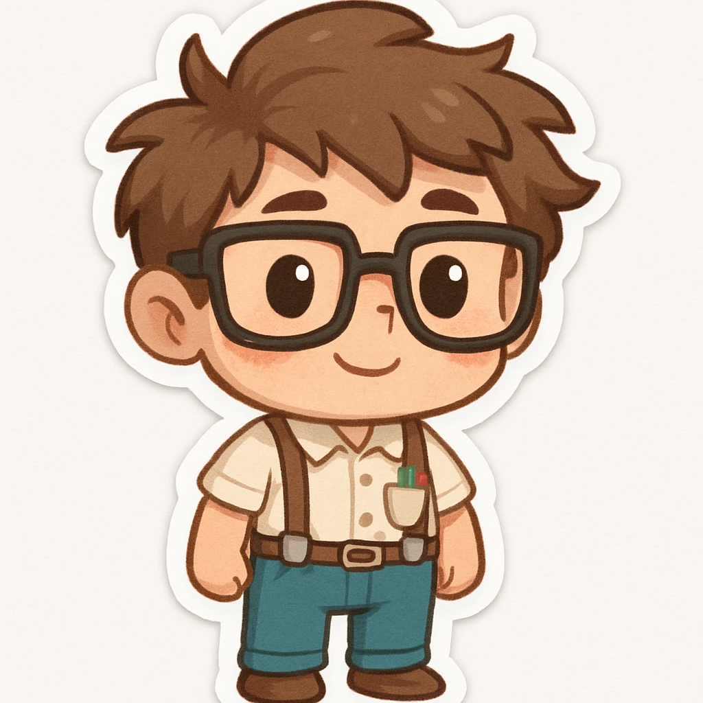 cartoon nerd with suspenders, pocket protector, and messy hair, white background emoji