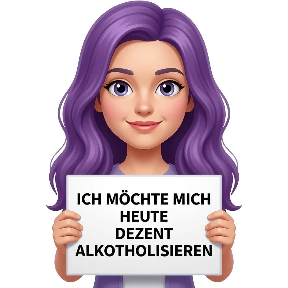 girl with long purple hair holding a ICH MÖCHTE MICH HEUTE DEZENT ALKOHOLISIEREN sign emoji