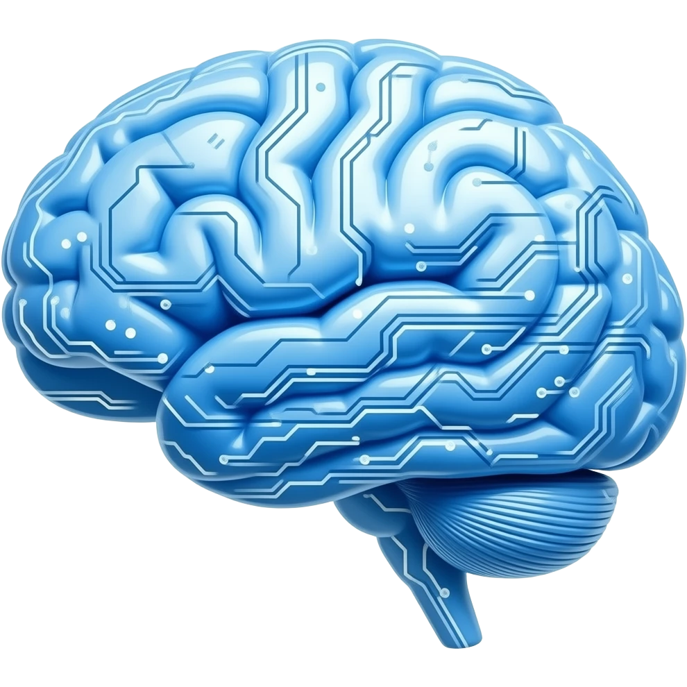 Minimalist flat design icon, clean vector style, blue and white color palette, soft gradients, modern, no text, transparent background. Minimalist flat design icon of a human brain merged with circuit lines, futuristic and simple, representing artificial intelligence emoji