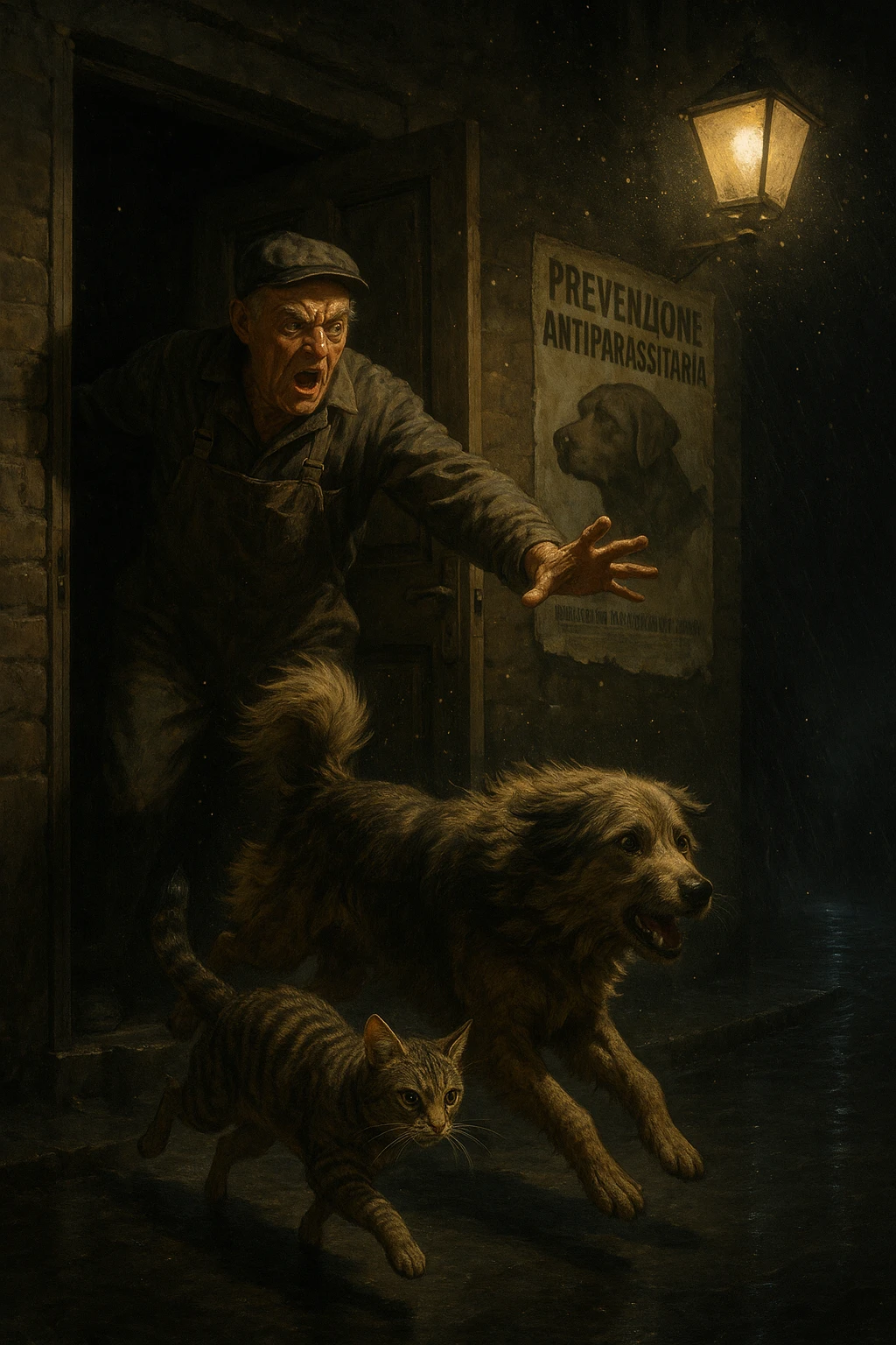 Un uomo anziano in tuta da lavoro, con espressione arrabbiata, butta fuori i suoi animali con aperta la porta di casa mentre il suo cane (un meticcio a pelo lungo) e il gatto (soriano) scappano nella strada buia sotto la pioggia. Particelle di polvere/pulci fluttuano nell'aria illuminata dal lampione. Sullo sfondo, un poster strappato del veterinario con scritto 'Prevenzione antiparassitaria'. Stile fotorealistico, illuminazione Caravaggesca, toni grigi e ocra. in italiano emoji