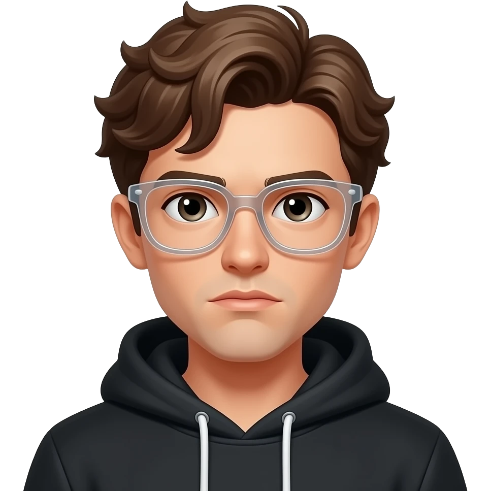Crea un immagine di un ragazzo con capelli mossi che inodossa una felpa nera e pelle bianca serio e con gli occhiali finti trasparenti emoji