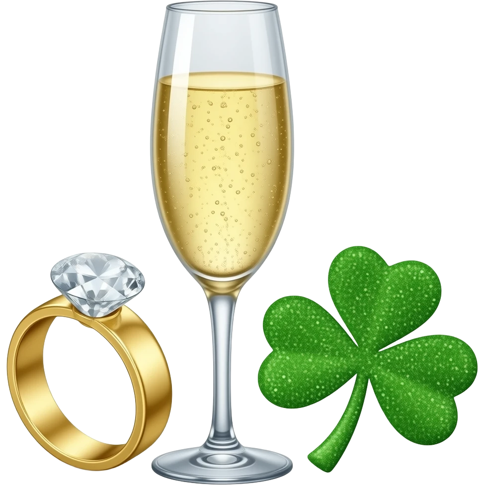 Champagne in a champagne flute with a gold diamond ring next to it on the left and on the right a glittery shamrock emoji