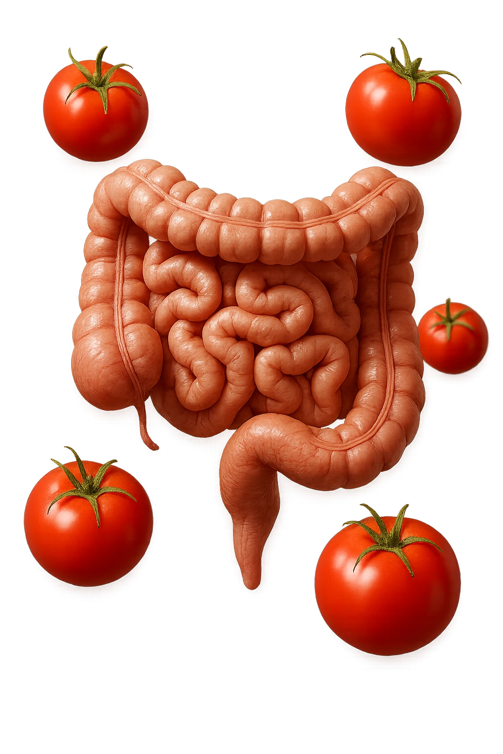 intestino umano anatomico con pomodori che gli fluttuano intorno, iperrealistico 4k emoji