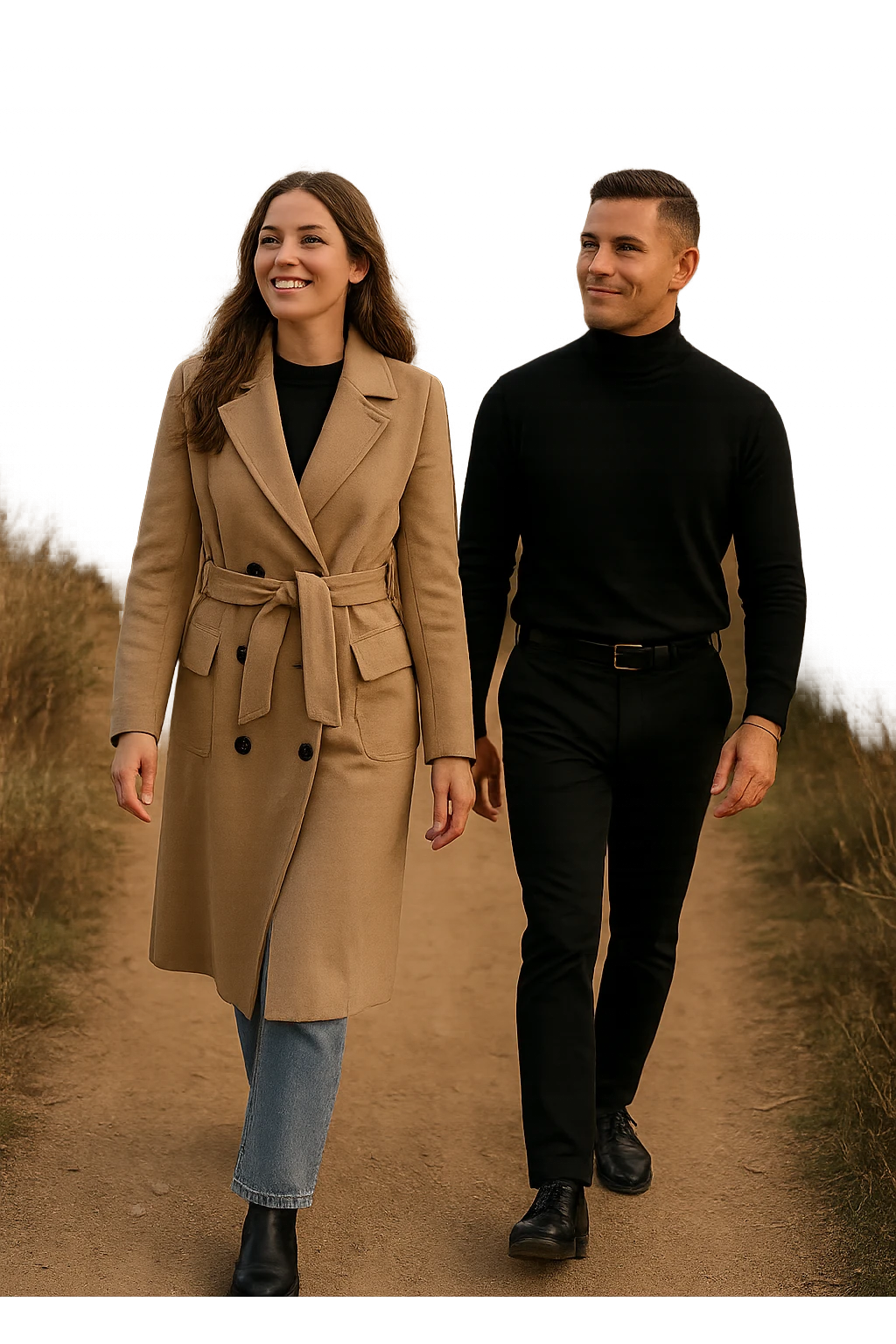 a man and a woman walk together along a winding path in a natural landscape. In one version, the woman leads confidently while the man follows a few steps behind, looking at lei con ammirazione. In un’altra versione, i ruoli sono invertiti, con l’uomo che guida e la donna che lo segue sorridendo. La scena trasmette l’idea che entrambi possano guidare o seguire, a seconda del momento. emoji