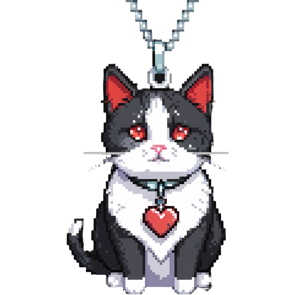 tuxedo cat with red leash and heart pendant, white fur only on mouth, small diamond spot above nose emoji