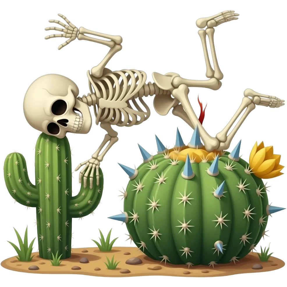 A skeleton falling on a cactus and get 100 thorns emoji