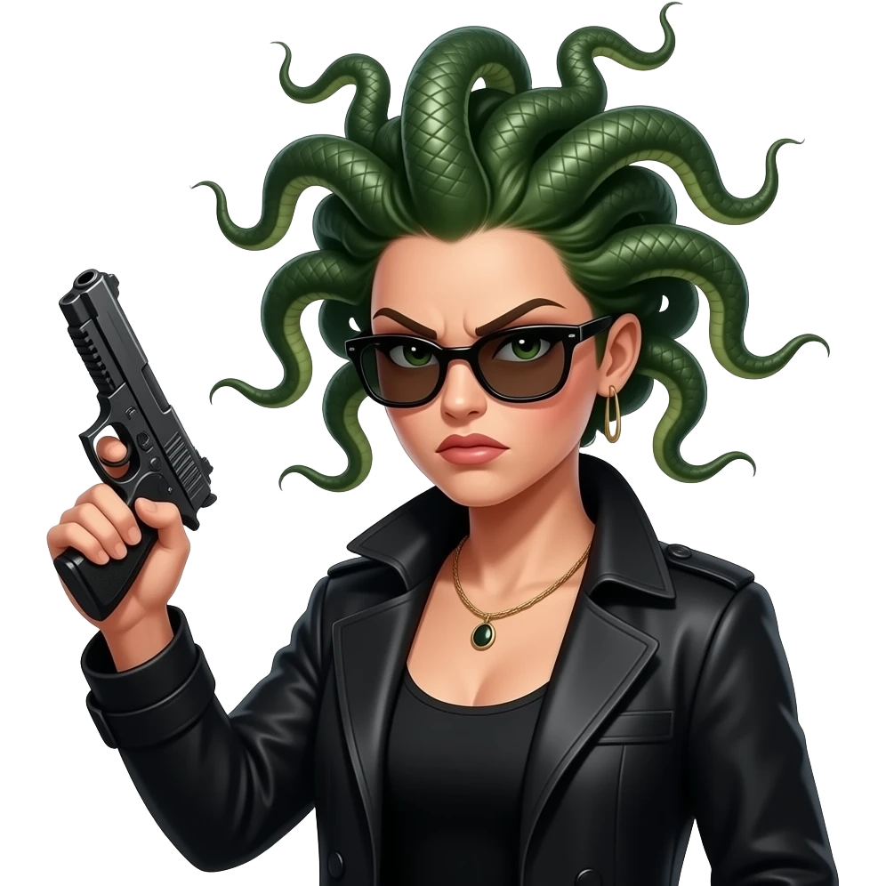 Angry beautiful female Medusa in black coat with sunglasses holding gun emoji