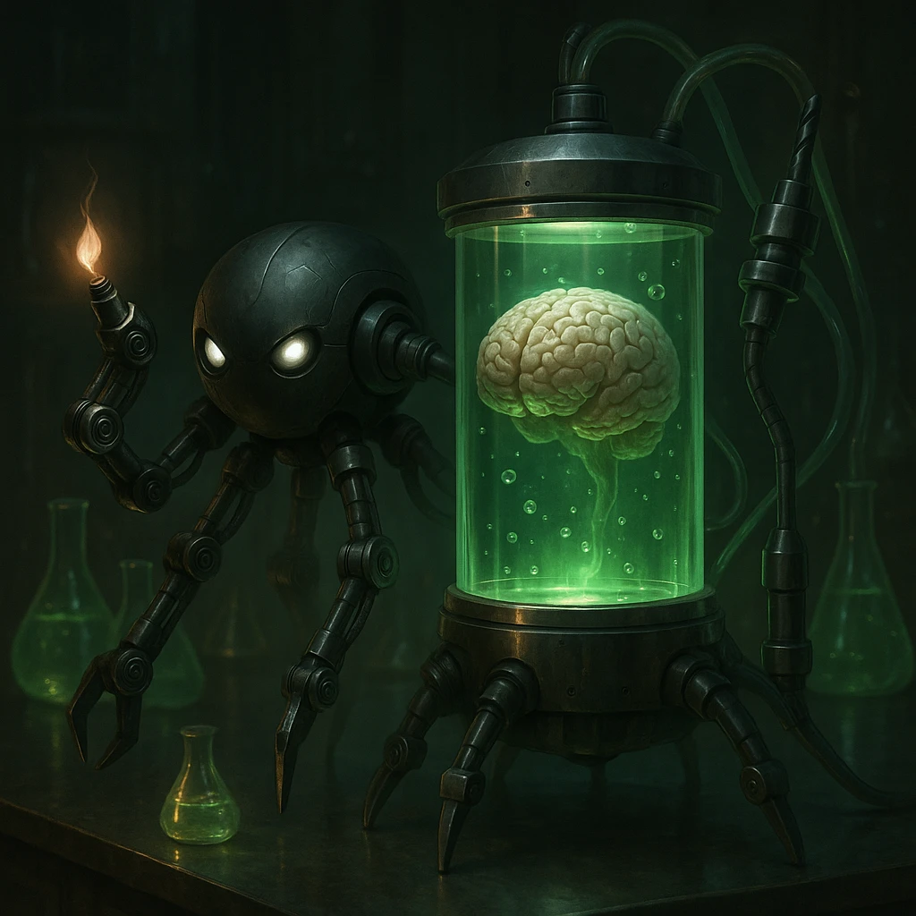 Lighten the genetics lab scene, add glowing scientific equipment and a brain floating in glowing green liquid. Make the scene more realistic with detailed lighting and reflections, emphasizing a realistic style with intricate light play and reflections. emoji