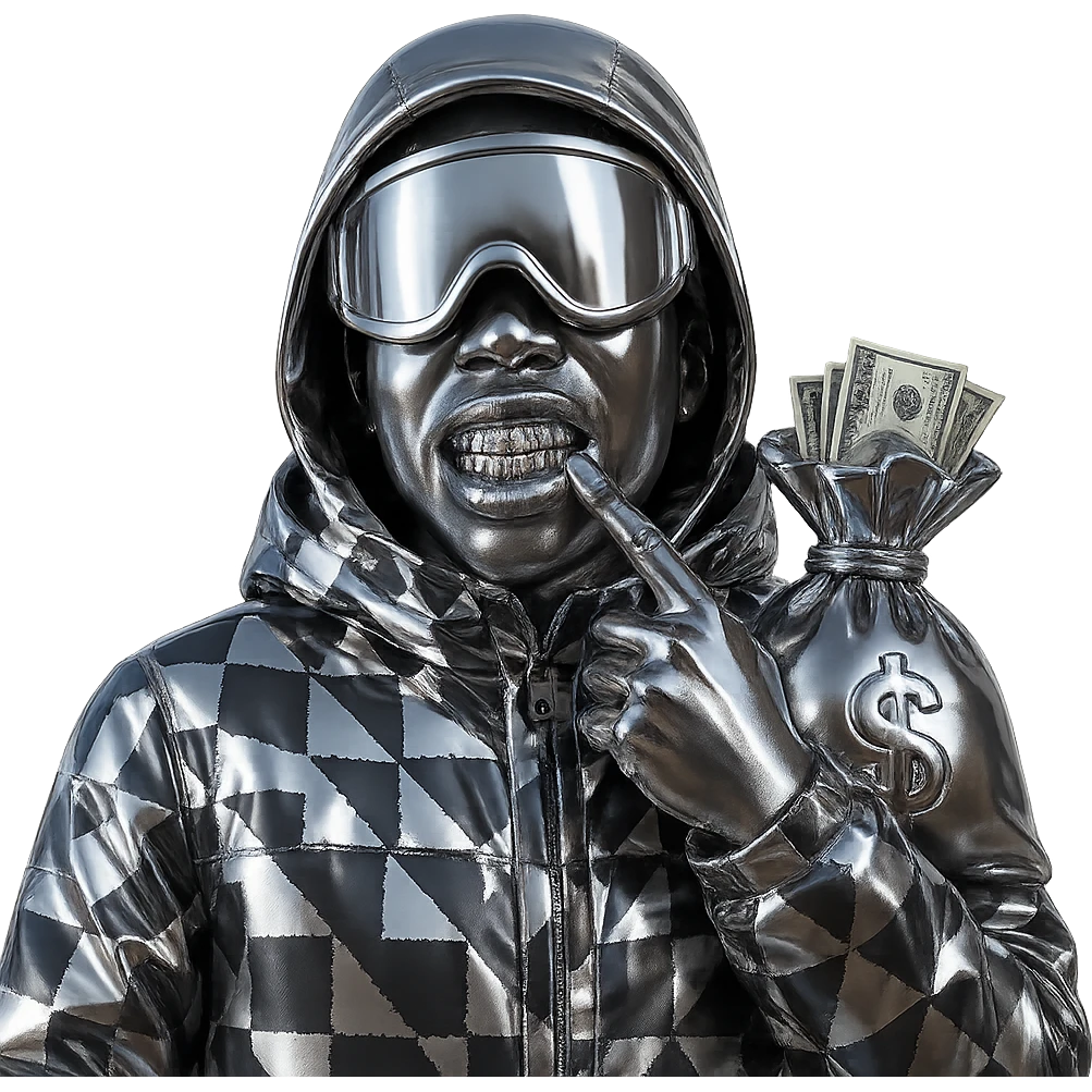 Create a character inspired by the person in the reference image with brown skin and similar facial features and style. Dress the character in a chrome patterned jacket with a hood. The character is holding a chrome brown money bag with realistic US dollar bills coming out. The character has a confident expression and visible grills on their teeth. The background is transparent. emoji
