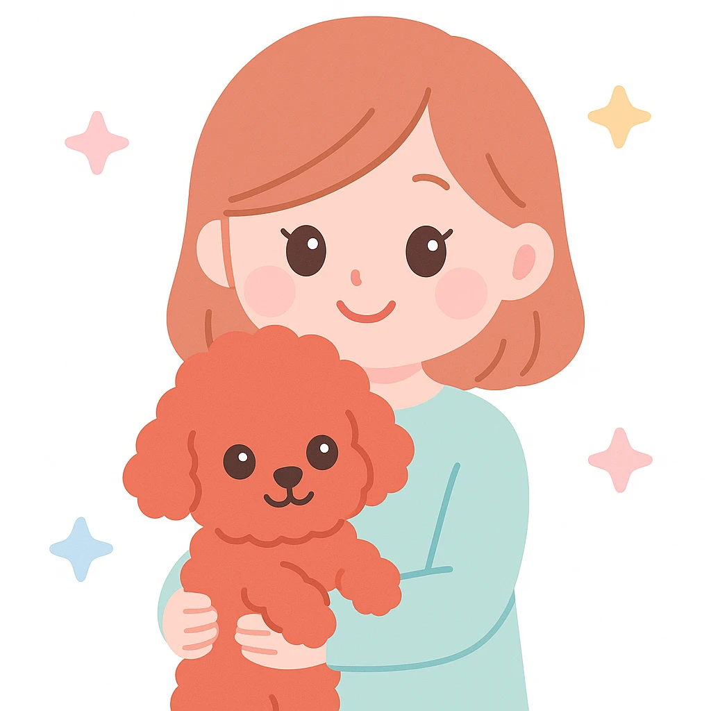 a smiling woman with a fluffy red toy poodle, warm and inviting, gentle color palette, clean background emoji
