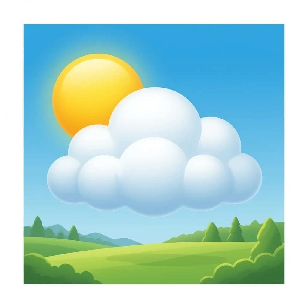 sun shinning from behind fluffy cumulus non symmetrical looking cloud 2D carton drawn style without background emoji