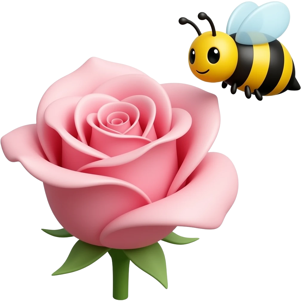a pink rose with a cartoon bee flying around it emoji