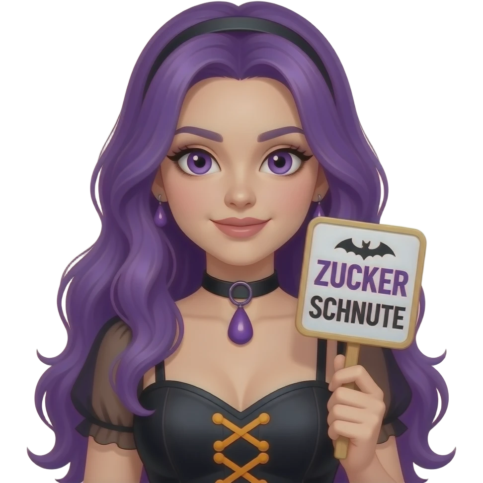 sexy girl with long purple hair and purple eyes wearing a halloween dress holding a ZUCKER SCHNUTE sign emoji