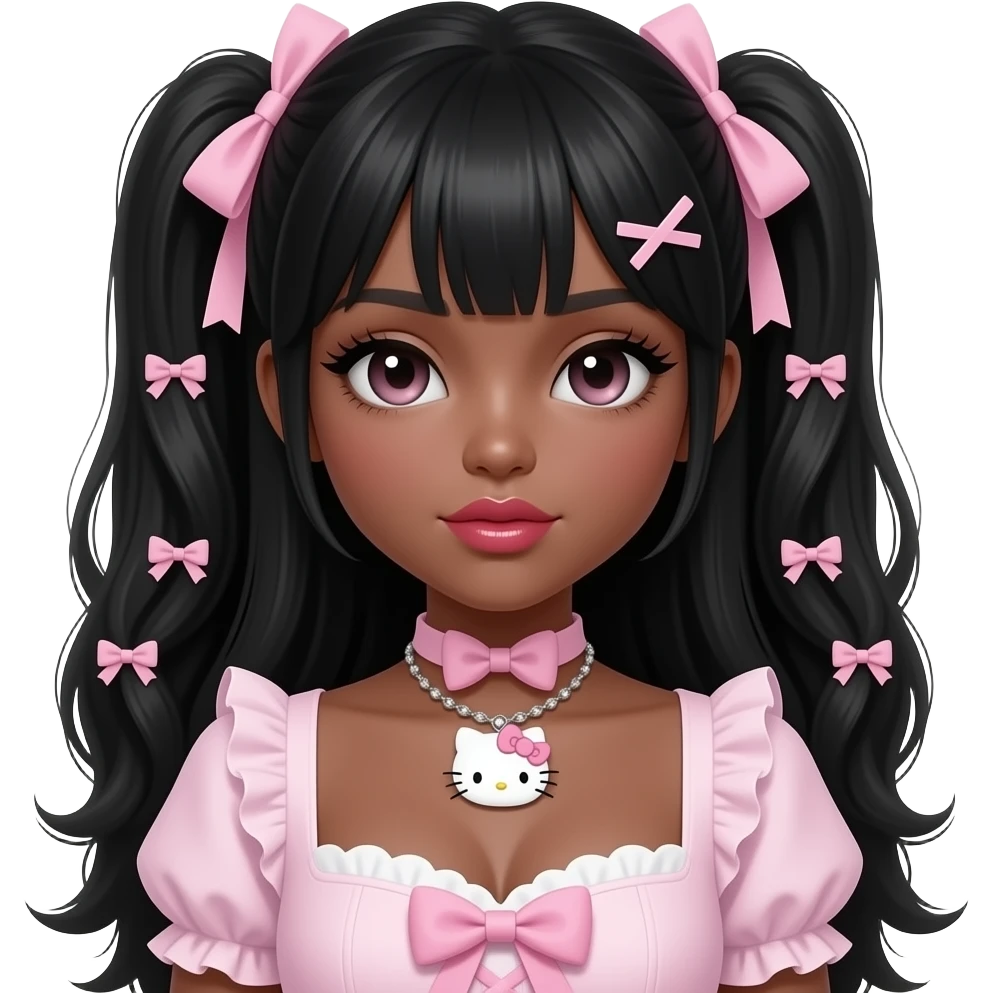 heart shaped lips, cute glossy lips, doll eyes with long lashes, dark brown skin, black hair, big chest, hello kitty necklace, one bow clip, bimbocore outfit emoji