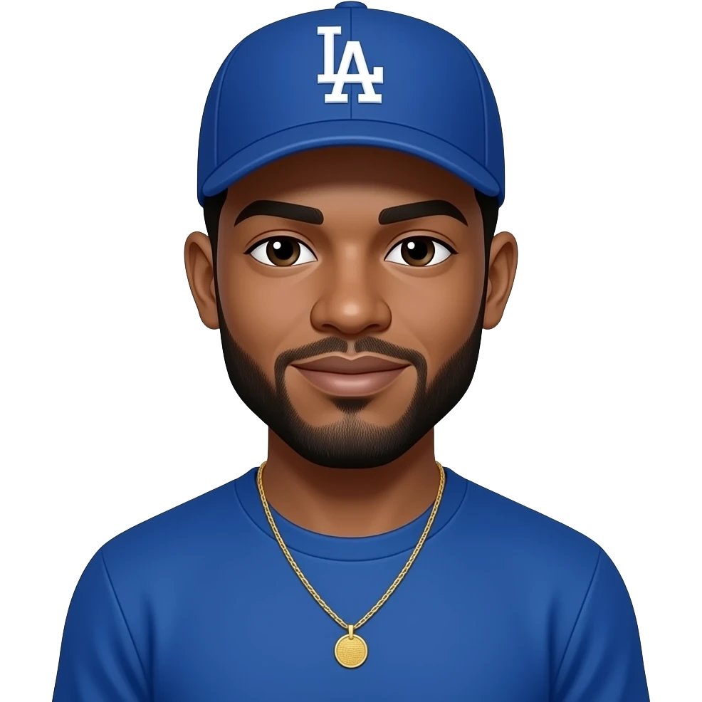 African American man with a beige skin complextion with lightly shaved black beard wearing a blue Los Angeles Dodgers baseball cap wearing a long sleeve blue shirt wearing a gold tennis necklace emoji