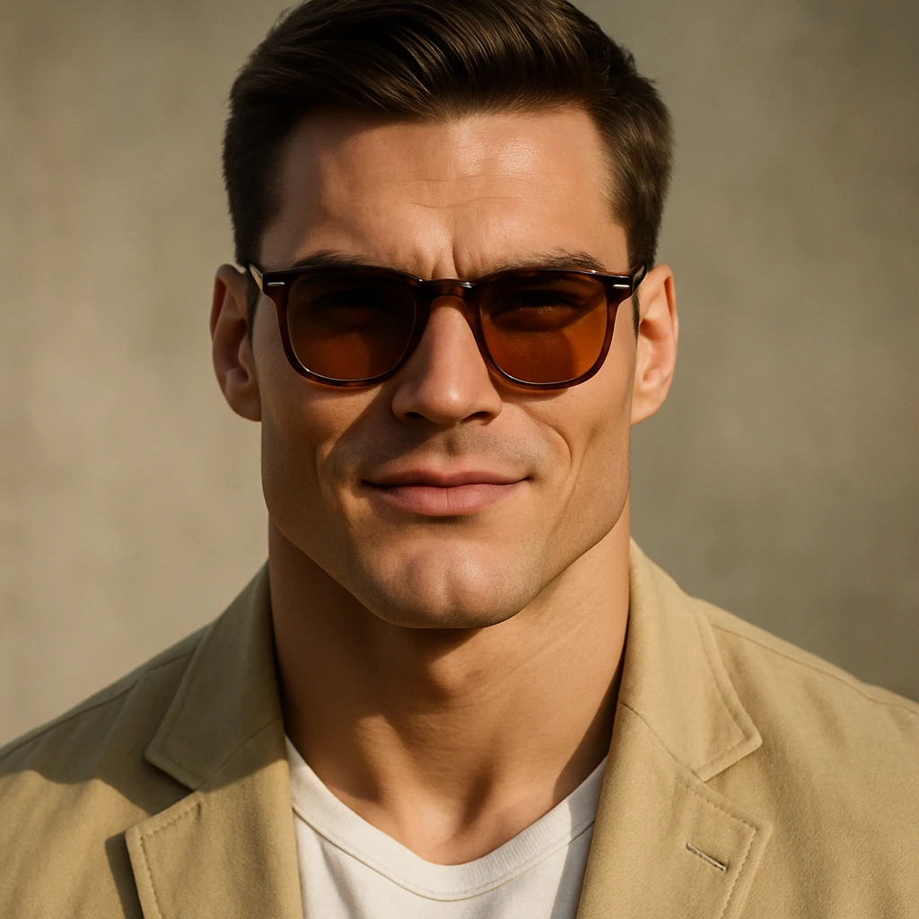Transform the image into a giga chad style with a strong jawline and confident expression. Use only natural skin tones and realistic features, avoiding any gray colors or shades. Keep the look playful and cool without cartoonish exaggeration, aiming for a realistic appearance. emoji