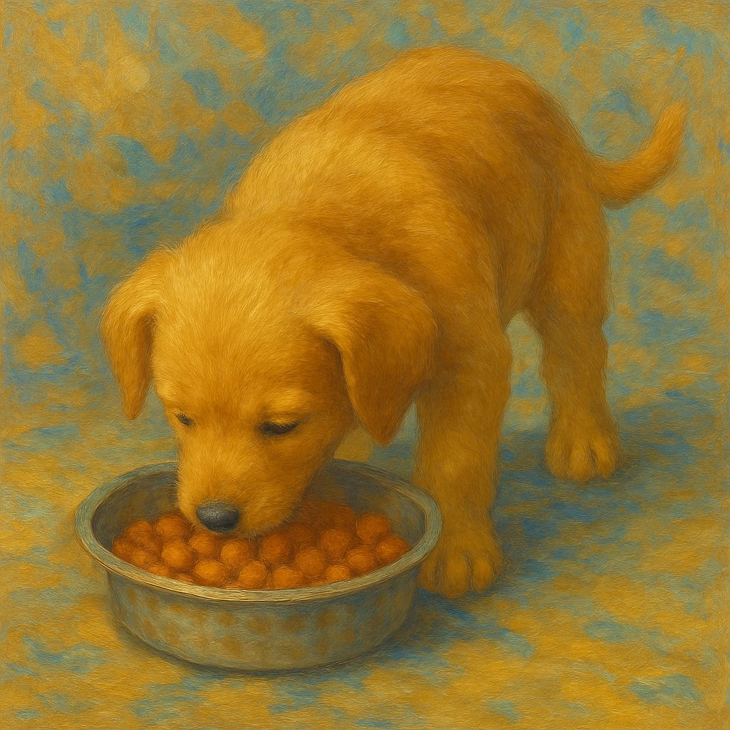 Make the dog a cute puppy eating dog food, keep the same style as the original image. emoji