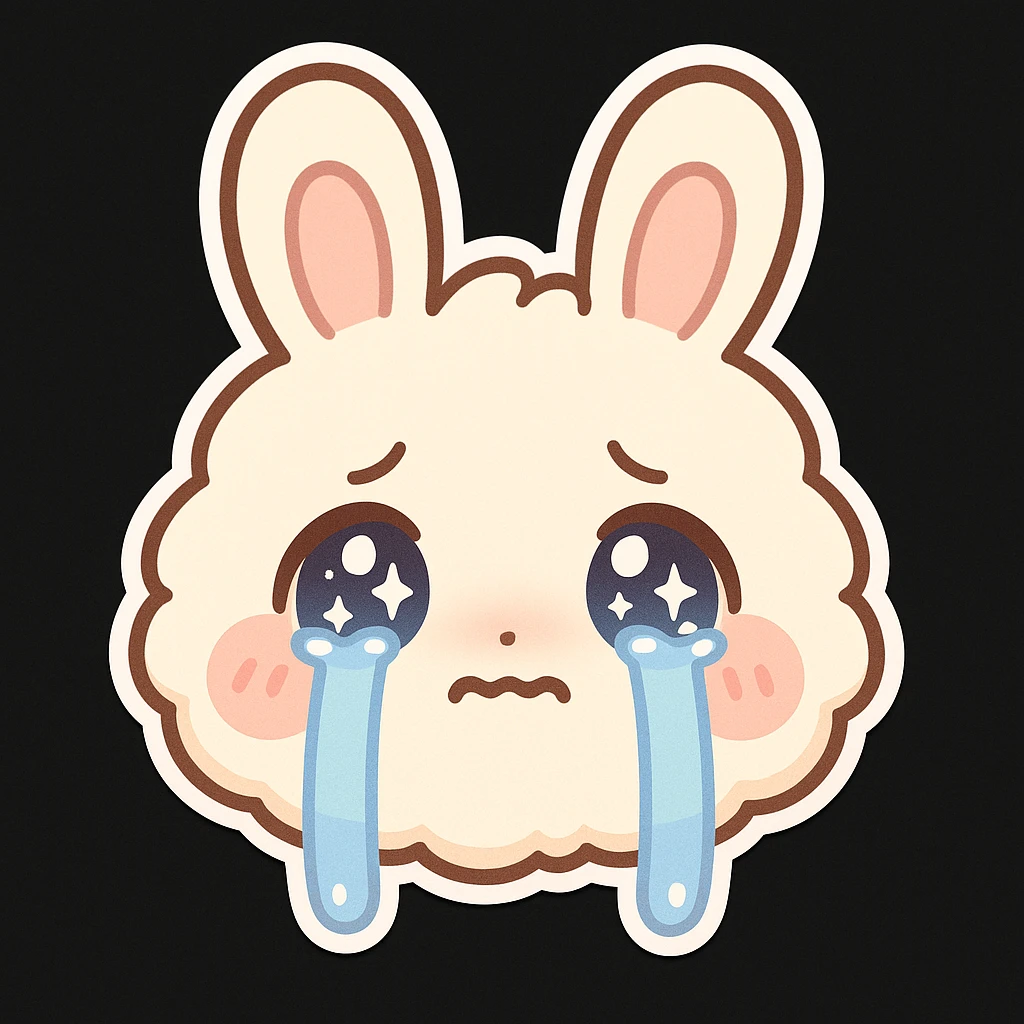 kawaii chibi-style bunny emoji with a round fluffy face, sparkly eyes, blushing cheeks, pastel color palette, crying mood, soft rounded design, anime-style, black background, vector art emoji