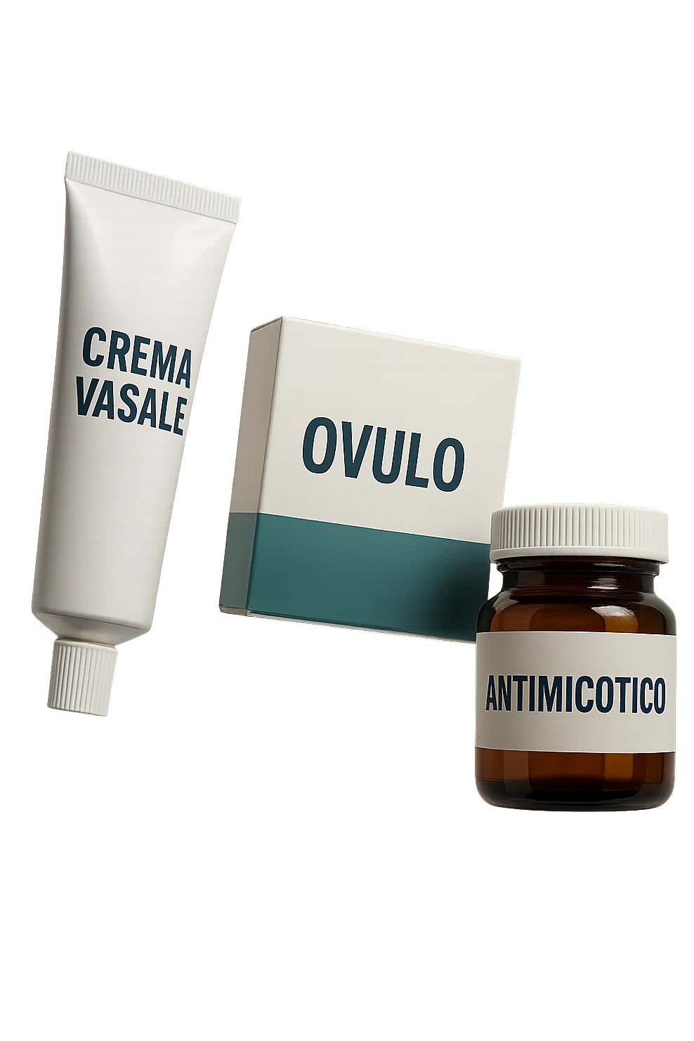 un tubetto di crema con la scritta "crema va**ale", una scatola con farmaco con la scritta "ovulo", un barattolo di farmaco con la scritta "antimicotico" in italiano sulle etichette, fluttuano in aria, IPERREALISTICO 4K emoji